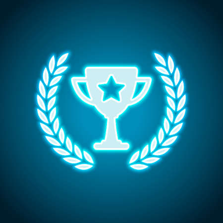 Champions cup with laurel wreath and star. Simple icon. Neon style. Light decoration icon. Bright electric symbolのイラスト素材