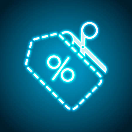 Scissors and Sale label. Simple icon. Neon style. Light decoration icon. Bright electric symbolのイラスト素材