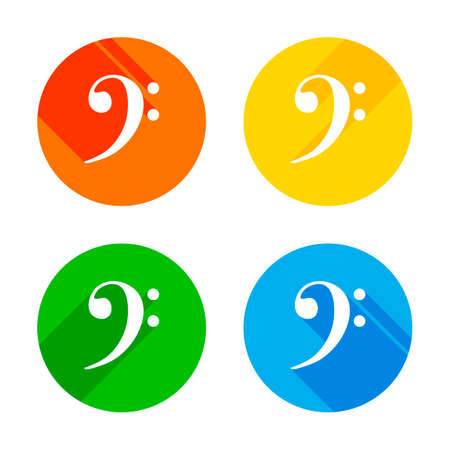 Bass Clef icon. Flat white icon on colored circles background. Four different long shadows in each cornersのイラスト素材