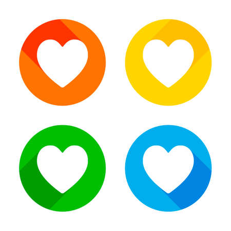 Simple heart icon. Flat white icon on colored circles background. Four different long shadows in each cornersのイラスト素材