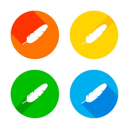 Simple icon of feather. Flat white icon on colored circles background. Four different long shadows in each cornersのイラスト素材