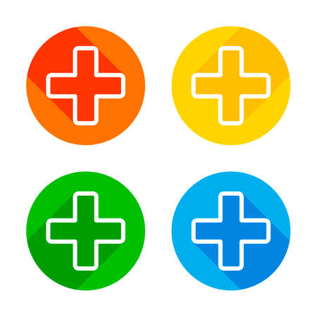 Medical cross icon. Flat white icon on colored circles background. Four different long shadows in each cornersのイラスト素材