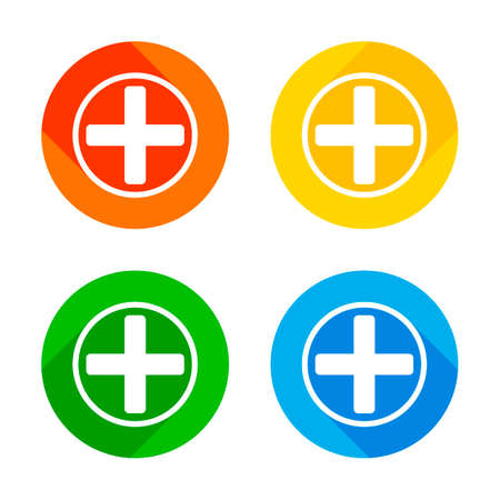 Medical cross icon. Flat white icon on colored circles background. Four different long shadows in each cornersのイラスト素材