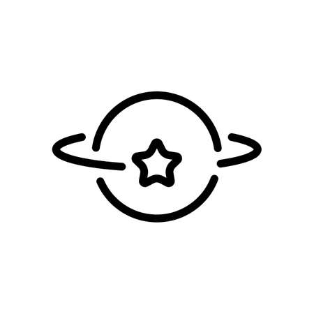Planet and star, satellite on orbit, outline linear icon. Black icon on white backgroundのイラスト素材