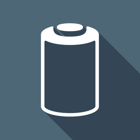 Empty battery, low level of energy, technology icon. White flat icon with long shadow on blue backgroundのイラスト素材