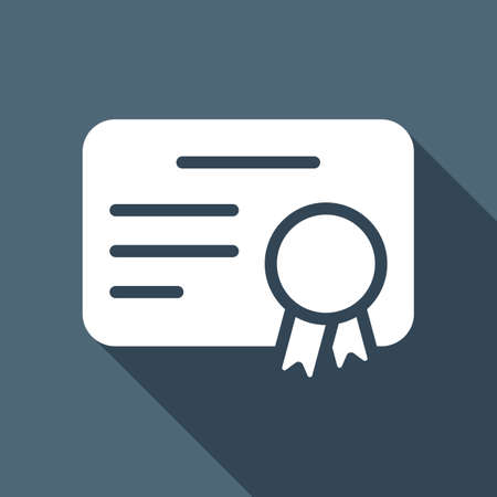 Document of certificate with award, diploma icon. White flat icon with long shadow on blue backgroundのイラスト素材