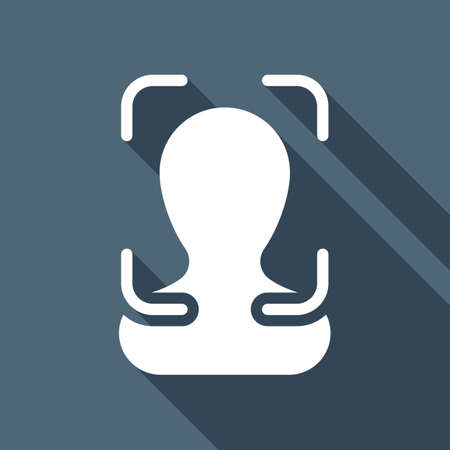 Take a photo, man in autofocus, technology icon. White flat icon with long shadow on blue backgroundのイラスト素材