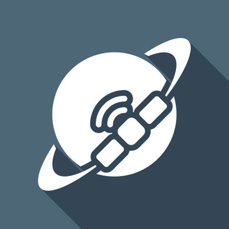 Planet and satellite, technology icon. White flat icon with long shadow on blue backgroundのイラスト素材