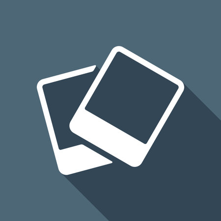 Pair photos, image files, album of pictures, simple icon. White flat icon with long shadow on blue...