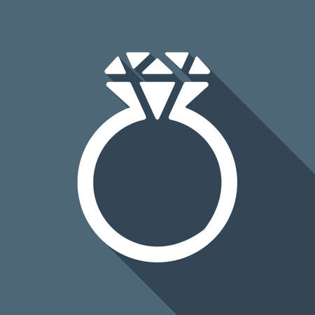 Ring with diamond or brilliant, wedding gift, icon. White flat icon with long shadow on blue backgroundのイラスト素材