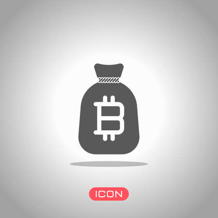 Money bag with bitcoin. Full moneybag icon. Icon under spotlight. Gray backgroundのイラスト素材