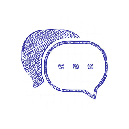 chat icon. Hand drawn sketched picture with scribble fill. Blue ink. Doodle on white background