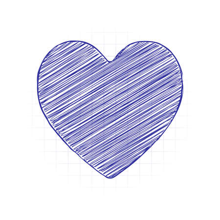Simple heart icon. Hand drawn sketched picture with scribble fill. Blue ink. Doodle on white backgroundのイラスト素材
