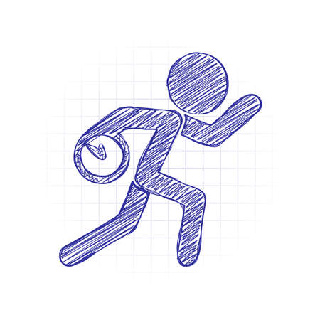 Running man with clock. Simple icon. To be late. An unpleasant situation. Hand drawn sketched picture with scribble fill. Blue ink. Doodle on white backgroundのイラスト素材