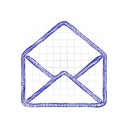 mail open icon. Hand drawn sketched picture with scribble fill. Blue ink. Doodle on white backgroundのイラスト素材