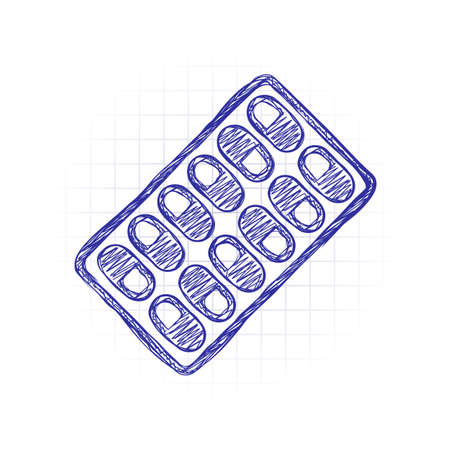 Pack Pills Icon. Hand drawn sketched picture with scribble fill. Blue ink. Doodle on white backgroundのイラスト素材