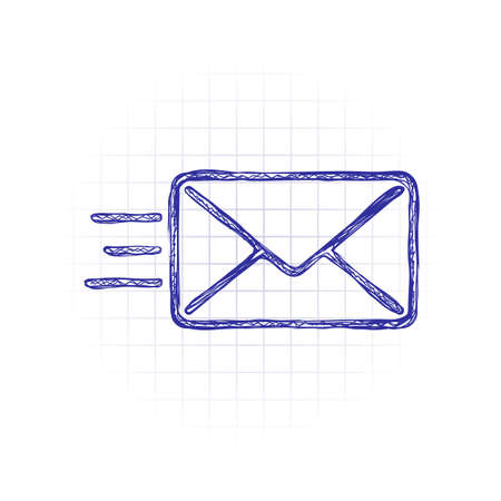 send mail icon. sms line. Hand drawn sketched picture with scribble fill. Blue ink. Doodle on white backgroundのイラスト素材