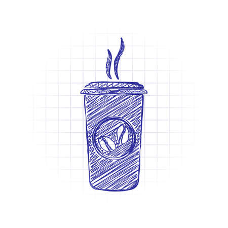 cup of hot coffee icon. Hand drawn sketched picture with scribble fill. Blue ink. Doodle on white backgroundのイラスト素材