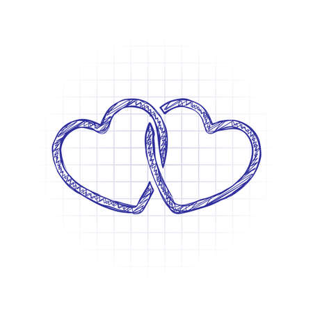 linked hearts icon. Hand drawn sketched picture with scribble fill. Blue ink. Doodle on white backgroundのイラスト素材