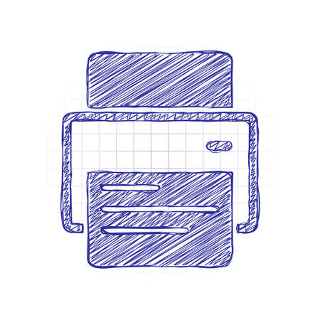 printer and paper. Hand drawn sketched picture with scribble fill. Blue ink. Doodle on white backgroundのイラスト素材