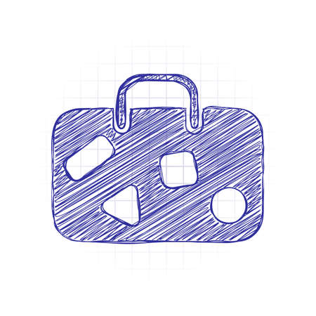 traveling bag, luggage, case. Hand drawn sketched picture with scribble fill. Blue ink. Doodle on white backgroundのイラスト素材