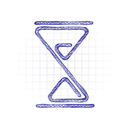 hourglass, one line, outline symbol. Hand drawn sketched picture with scribble fill. Blue ink. Doodle on white backgroundのイラスト素材