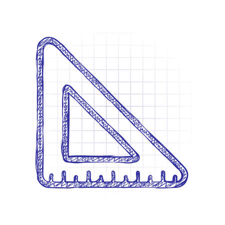 simple triangle, ruler. Hand drawn sketched picture with scribble fill. Blue ink. Doodle on white backgroundのイラスト素材