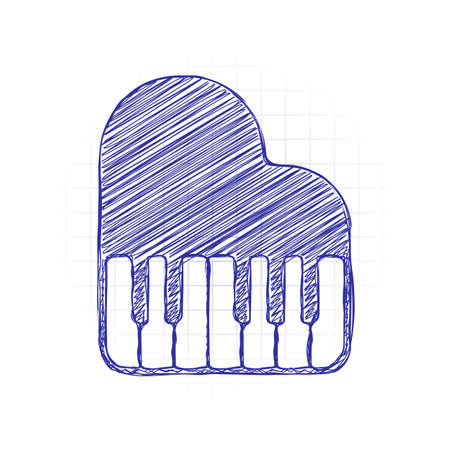 Grand piano icon. Hand drawn sketched picture with scribble fill. Blue ink. Doodle on white backgroundのイラスト素材