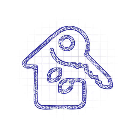 House with key. Linear icon with thin outline. One line style. Hand drawn sketched picture with scribble fill. Blue ink. Doodle on white backgroundのイラスト素材