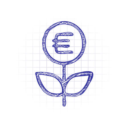 Money flower with dollar. Money tree. Linear icon with thin outline. Hand drawn sketched picture with scribble fill. Blue ink. Doodle on white backgroundのイラスト素材