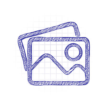 Stack of pictures with couple of mountains and sun. Simple linear icon. Hand drawn sketched picture with scribble fill. Blue ink. Doodle on white backgroundのイラスト素材