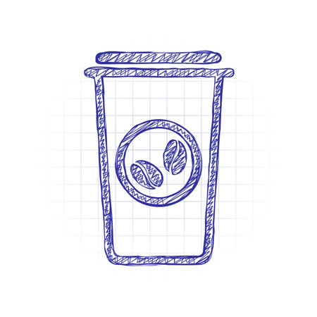 Coffee cup, coffee to go. Simple linear icon, thin outline. Hand drawn sketched picture with scribble fill. Blue ink. Doodle on white backgroundのイラスト素材