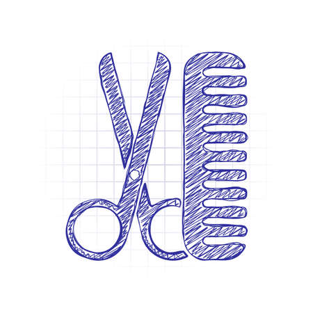 Scissors and hairbrush. Tools of barber. Hand drawn sketched picture with scribble fill. Blue ink. Doodle on white backgroundのイラスト素材