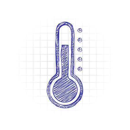Simple thermometer icon. Hand drawn sketched picture with scribble fill. Blue ink. Doodle on white backgroundのイラスト素材
