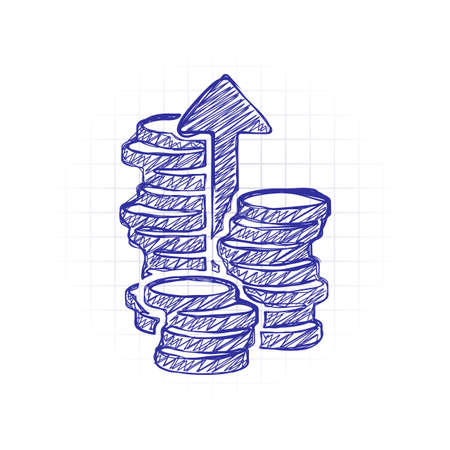 Coins stack, finance grow, up arrow. Hand drawn sketched picture with scribble fill. Blue ink. Doodle on white backgroundのイラスト素材