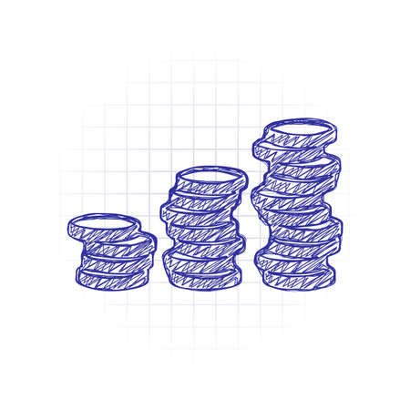 Coins stack, finance grow. Hand drawn sketched picture with scribble fill. Blue ink. Doodle on white backgroundのイラスト素材