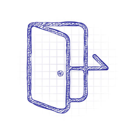 Exit icon. Linear, thin outline. Hand drawn sketched picture with scribble fill. Blue ink. Doodle on white backgroundのイラスト素材