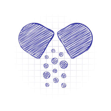 Open pill icon. Hand drawn sketched picture with scribble fill. Blue ink. Doodle on white backgroundのイラスト素材