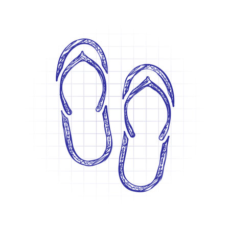 Beach slippers. Flip flops icon. Hand drawn sketched picture with scribble fill. Blue ink. Doodle on white backgroundのイラスト素材