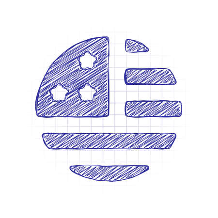 simple USA flag icon. Round shape. Hand drawn sketched picture with scribble fill. Blue ink. Doodle on white backgroundのイラスト素材