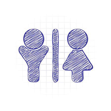 WC icon. Man and woman sign. Hand drawn sketched picture with scribble fill. Blue ink. Doodle on white backgroundのイラスト素材