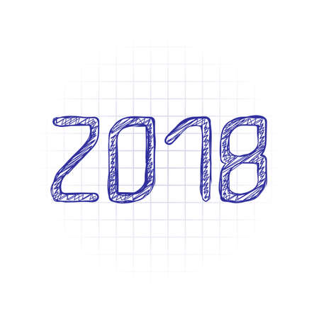 2018 number icon. Happy New Year. Hand drawn sketched picture with scribble fill. Blue ink. Doodle on white backgroundのイラスト素材