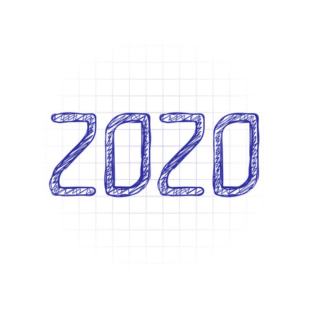 2020 number icon. Happy New Year. Hand drawn sketched picture with scribble fill. Blue ink. Doodle...