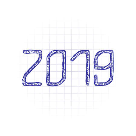 2019 number icon. Happy New Year. Hand drawn sketched picture with scribble fill. Blue ink. Doodle on white backgroundのイラスト素材