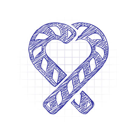 Candy heart with couple christmas lollipop. Hand drawn sketched picture with scribble fill. Blue ink. Doodle on white backgroundのイラスト素材