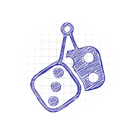 Dice amulet, Icon of casino games. Hand drawn sketched picture with scribble fill. Blue ink. Doodle on white backgroundのイラスト素材