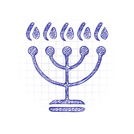 Hanukkah icon or menorah lamp. Outline Jewish Candles. Hand drawn sketched picture with scribble fill. Blue ink. Doodle on white backgroundのイラスト素材