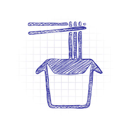 Noodle in box, asian food takeaway, wok icon. Hand drawn sketched picture with scribble fill. Blue ink. Doodle on white backgroundのイラスト素材