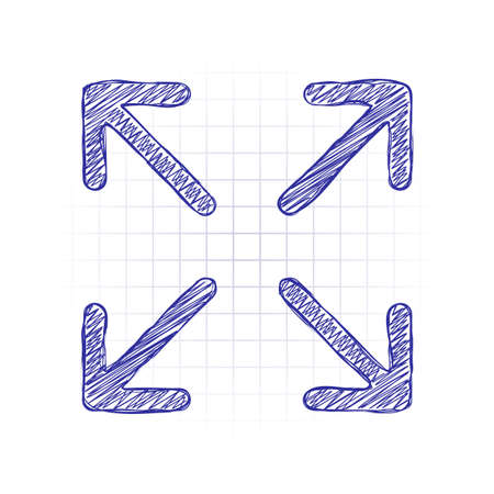 Arrows of four directions, linear icon. Hand drawn sketched picture with scribble fill. Blue ink. Doodle on white backgroundのイラスト素材