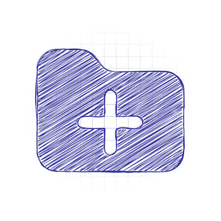 Folder with plus mark, business icon. Hand drawn sketched picture with scribble fill. Blue ink. Doodle on white backgroundのイラスト素材